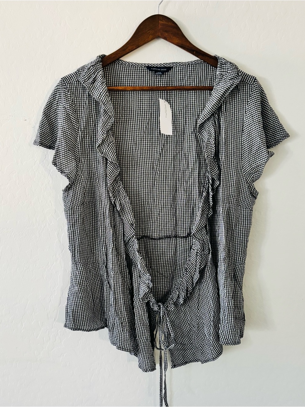 American Eagle Black & White Gingham Ruffle Tie-Front Top Kimono Cardigan Large